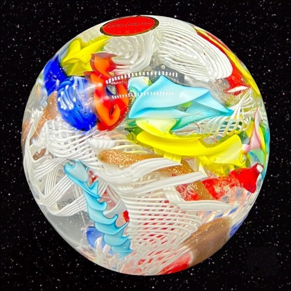 Vintage Murano Paperweight Ribbon Swirl Latticino Multicolor Art Glass Italy 2”T